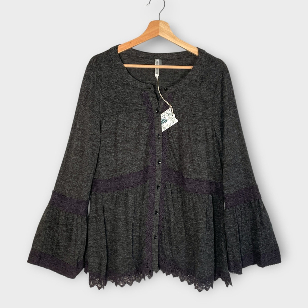 Monoreno Dark Gray Lightweight Button-Front Sweater with Purple Trim